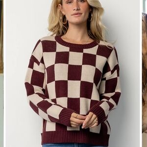 Checkerboard Crewneck Sweater - Maroon & Cream